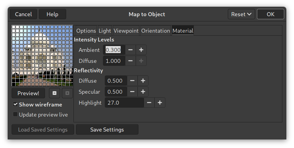 “Map Object” options (Material)